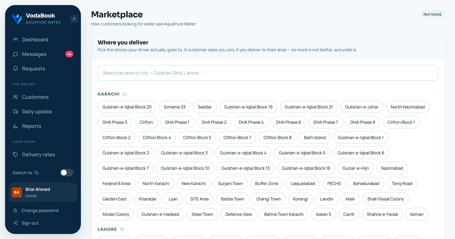 VodaBook marketplace - choose your delivery areas